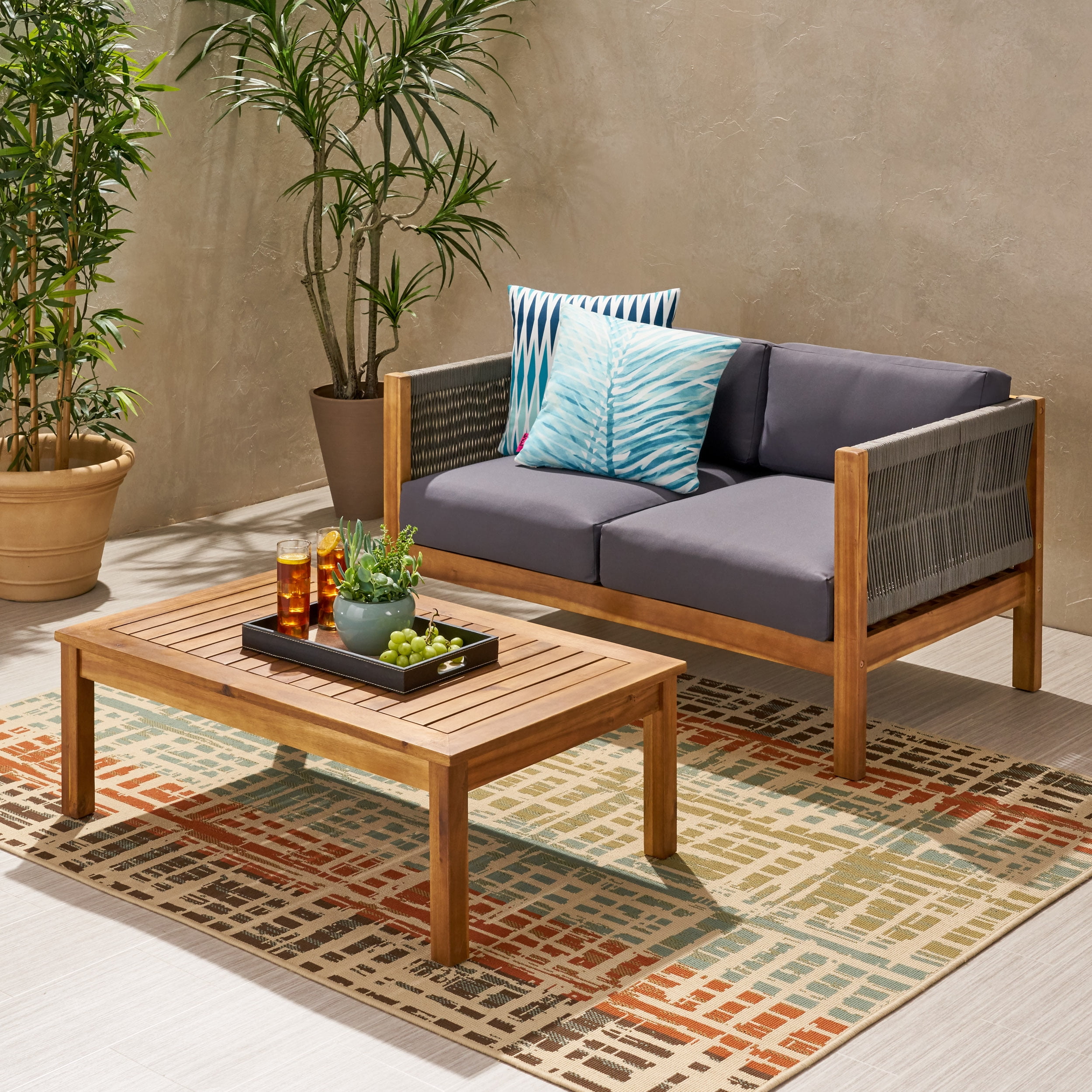 Outdoor Double Sofa and Coffee Table Leisure Set, Acacia Wood and Rattan Integrated Furniture for Patio Garden, Gray and Beige