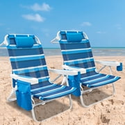 WTVIDAS Beach Chair 2 Pack, 5 Positions Textilene Folding Reclining Beach Chair with Backpack Straps, Cooler Bag & Cup Holder for Outdoor Lawn Camping