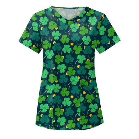 

St. Patricks Day Womens Working Uniform Green Butterfly Scrub Tops Casual Short Sleeve Nurse Medical T Shirts Blouse
