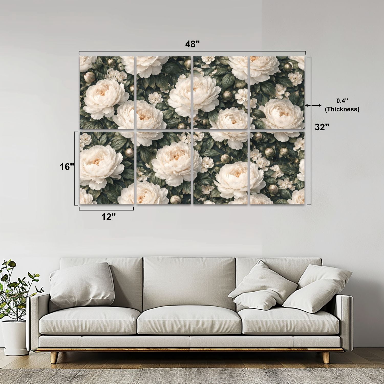 8 Pack Art Acoustic Panels Elegant Dark Floral White Black Peonies Leafy Self Adhesive Absorbing Dampening Panels Self Adhesive for Nursery Game Room Bedroom 48"x32"