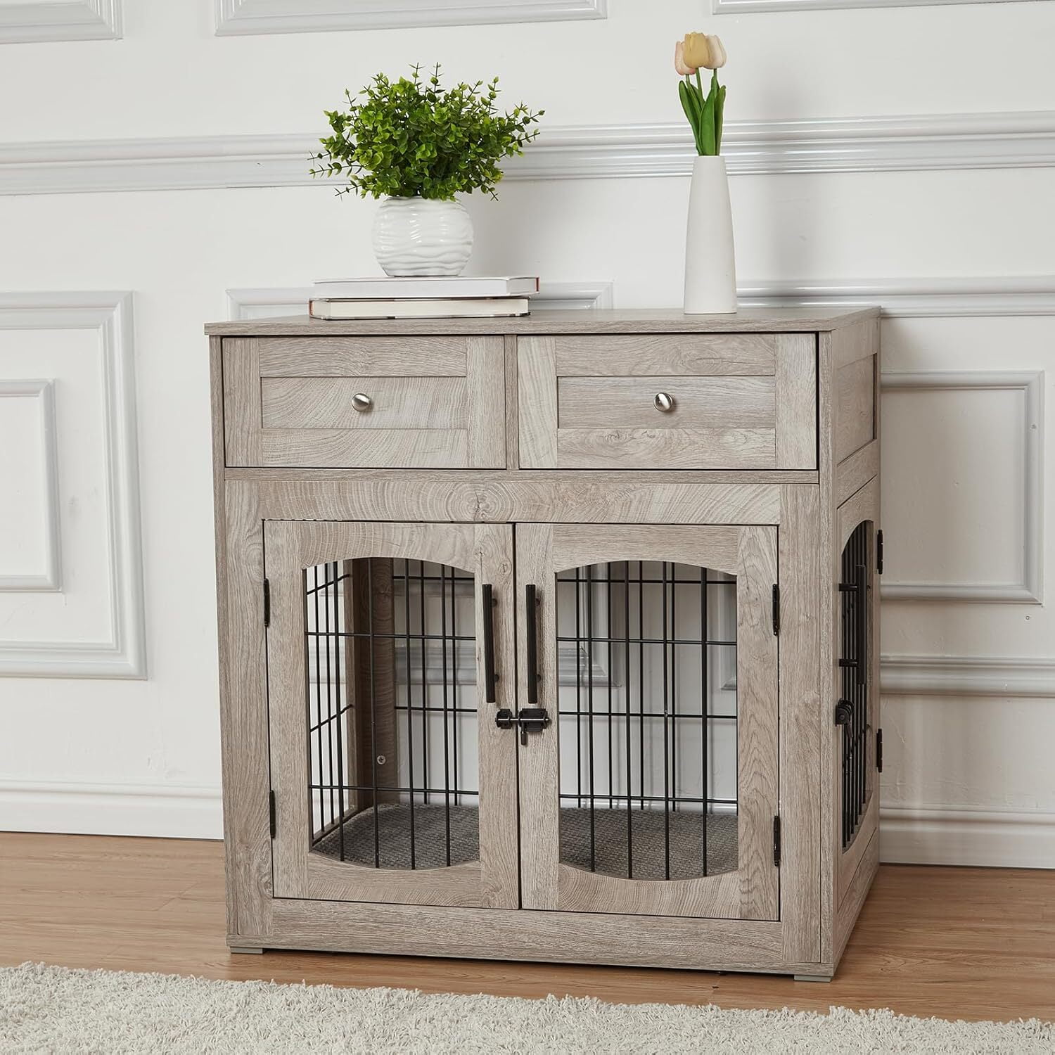 Emorefun Wooden Dog Crate Furniture, 40" Heavy Duty Dog Kennel with Cushion & Drawers for Indoor, Gray