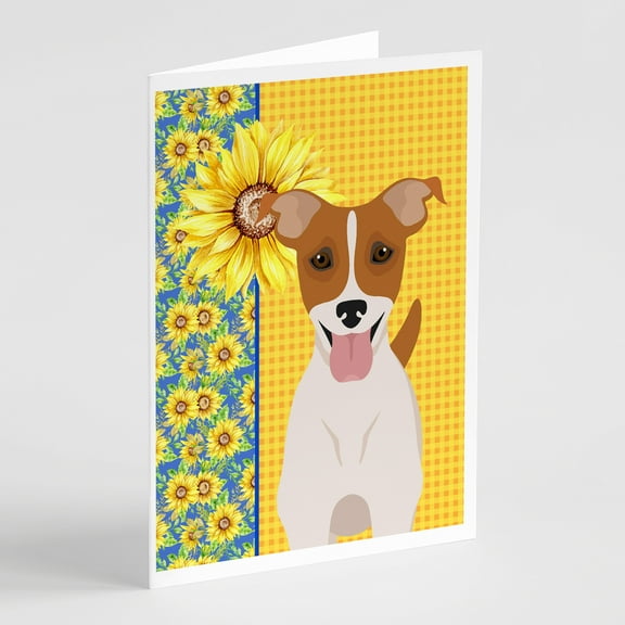 Summer Sunflowers Brown White Smooth Jack Russell Terrier Greeting Cards and Envelopes Pack of 8 7 in x 5 in