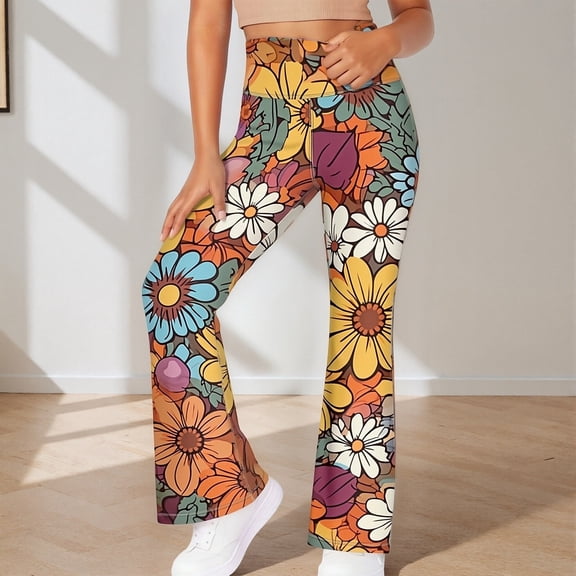 Girls Pants Floral Print Slim Fit Sporty Flared Casual Long Pants Summer Size 15-16Y