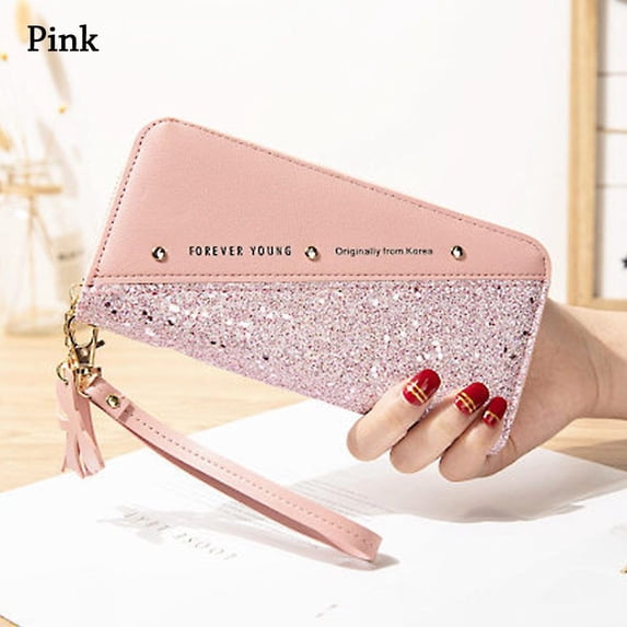 Fashion Glitter Clutch Card Holder Case Long Wallet Handbags Phone Bag Zipper Purse PINK