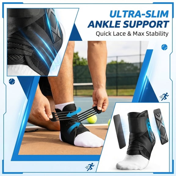 Ankle Brace for Both Feet with Quick Lace Up and 2 Side Shaped Pads, Air Fabric Cool Ankle Support Brace for Women Men Sprained Ankle, Ankle Stabilizer for Sport, Daily Activities, Injury Recovery