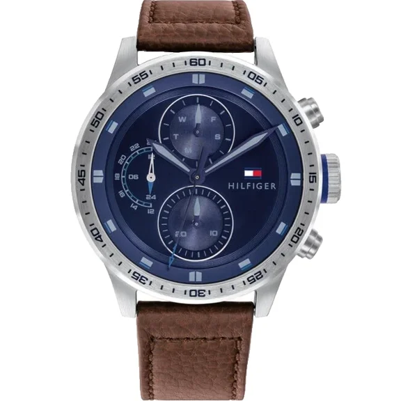 Tommy Hilfiger Chronograph 1791807 Blue Dial Brown Leather Strap 46MM Mens Watch