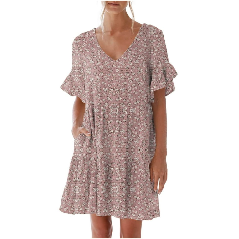 Leesechin Summer Dresses for Women Ladies Plus Size Elegant Dress Sweet &  Cute V-Neck Mini Dress with Pocket Short Sleevele Ruffle Dress - Walmart.com