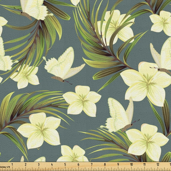 Ambesonne Flowers Insects Fabric by the Yard Upholstery, Tropic Palm Leaves, 10 Yards, Grey Teal Olive Green