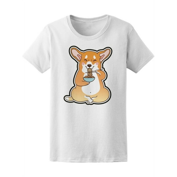 Smartprints Womens Graphic Tee - Funny Corgi Eating Ramen Noodles - Regular Fit 100% Cotton