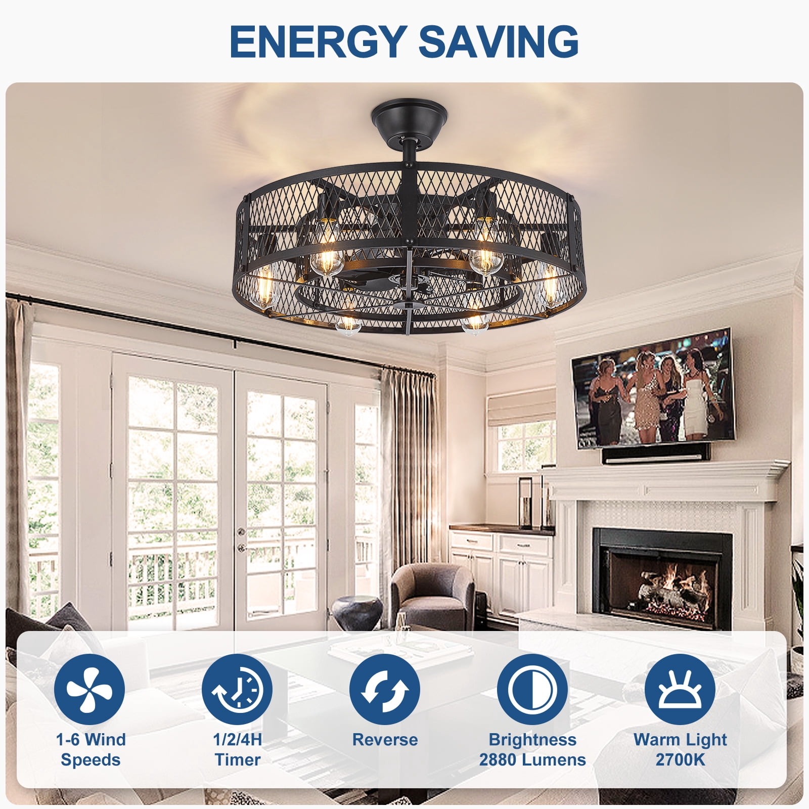 26-Inch Black Outdoor Ceiling Fan with Light: Ceiling Fan with Smart Remote Control, Farmhouse Cage Design, 6-Speed Reversible - Flush Mount for Patio, Kitchen, Bedroom