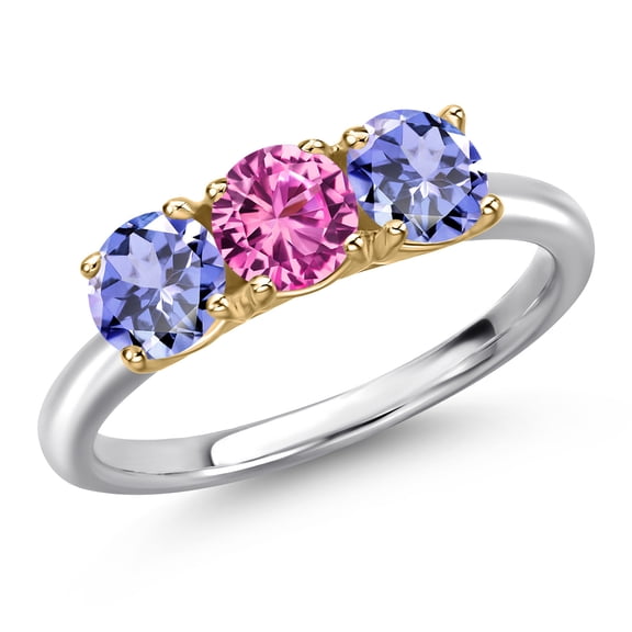 Gem Stone King 10K Two Tone Gold Pink Created Sapphire and Blue Tanzanite Engagement Ring for Women | 1.47 Cttw | Round 5MM | Gemstone September Birthstone | Size 9