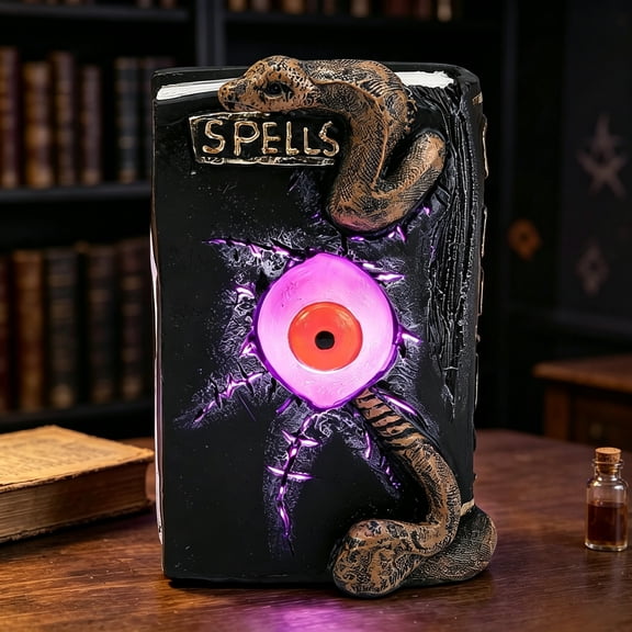 Halloween Spell Book Decorations LED Glowing Evil Eye Snake Resin Statue, Gothic Spooky Tabletop Mantel Shelf Home Decor