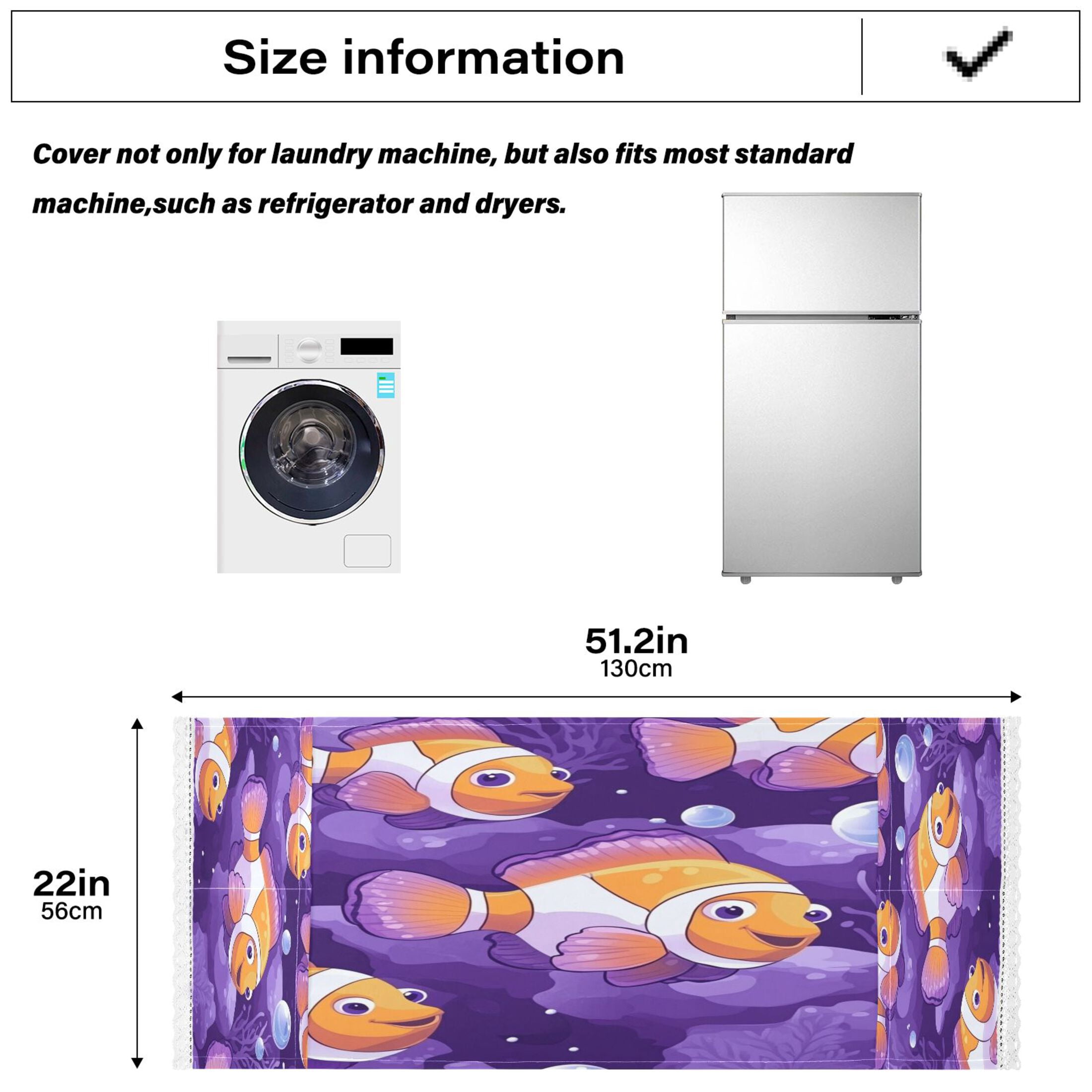 Washing Machine Cover 51.2x22in, Durable Polyester Dust Cover with Lace Trim and Side Pocket for Appliances Tropical Clownfish