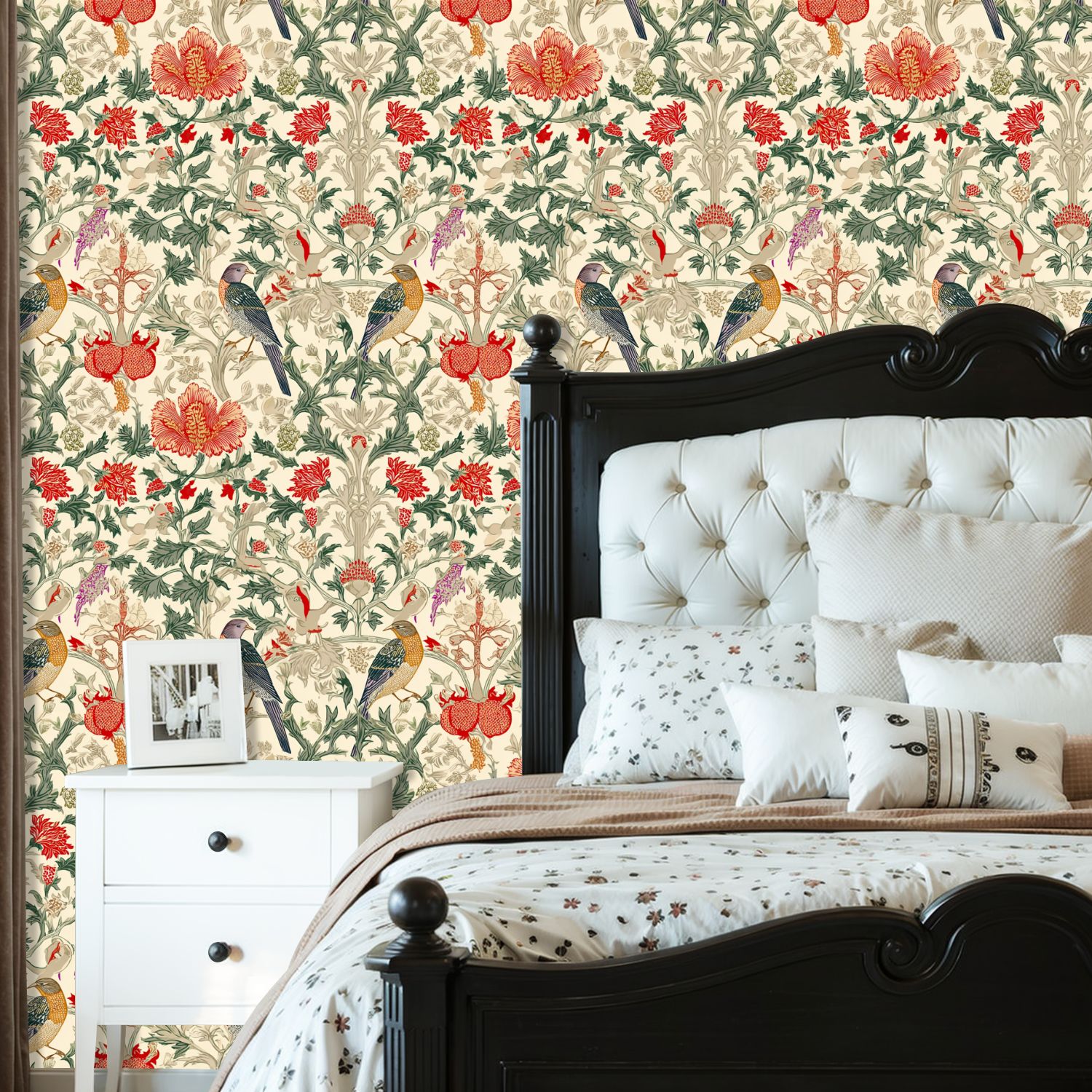 Farmhouse Peel and Stick Wallpaper Vintage Botanical Birds Red Flowers Arts Crafts Wall Mural 23.6in x 9.8ft Self Adhesive Removable Wall Paper Renter Friendly Wallpaper for Bedroom Cabinets