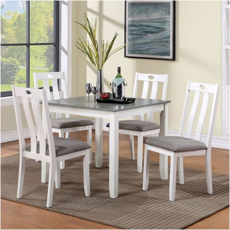 JERFIT 5-Piece White and Gray Solid Wood Dining Set with Cushioned Chairs, Square Table for 4