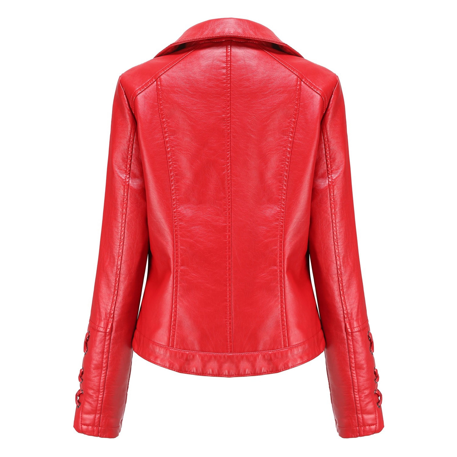 Sokhug Women's Slim Fit Faux Leather Jacket Lapel Zip Motorcycle Suit Coat, Red