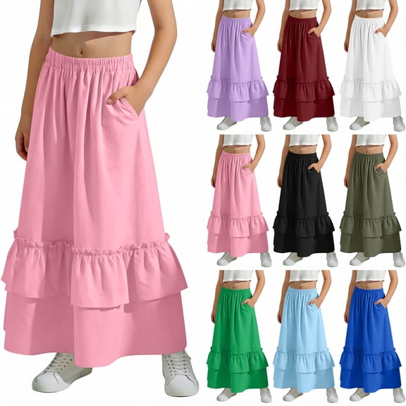 Girls A-Line Maxi Skirts High Waisted Long Skirt Ruffled Hem Skirts with Pocket