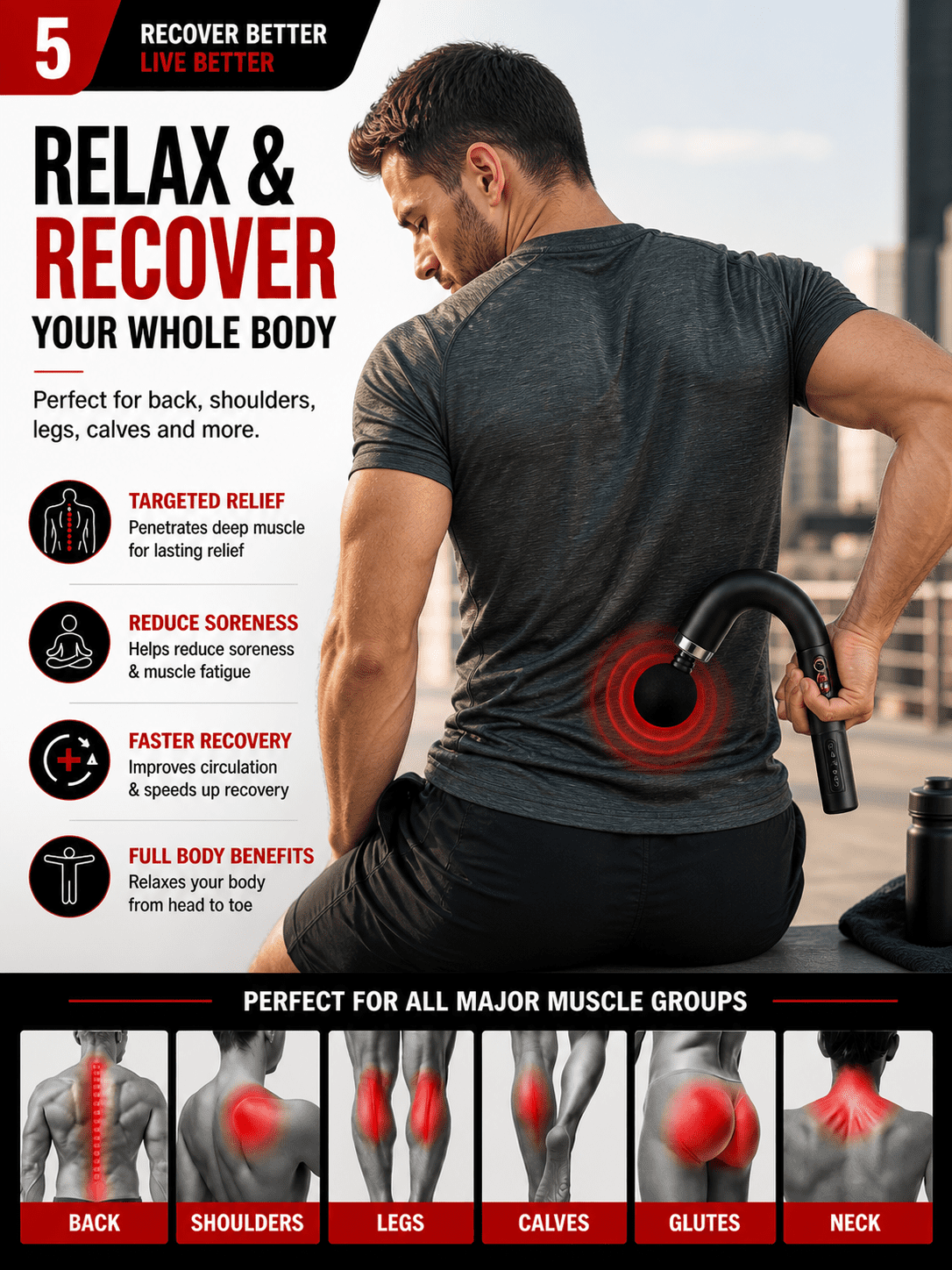 Massage Gun Electric Percussion Massager Deep Tissue Portable Handheld Muscle Relief Device Tool with 4 Heads for Neck Back Shoulder Body