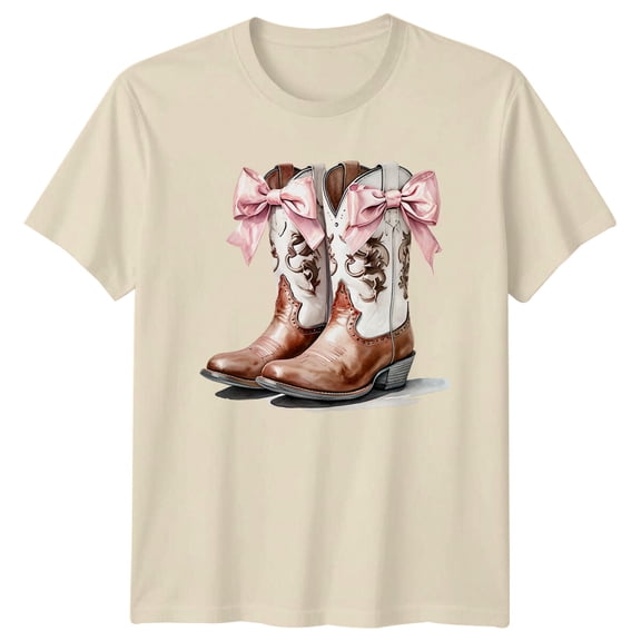 Men and Women Cowboy Boots Pink Bow Western T-Shirt