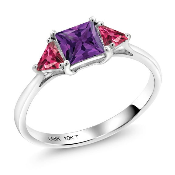 Gem Stone King 10K White Gold Purple Amethyst and Pink Tourmaline 3 Stone Engagement Ring for Women (0.97 Cttw, Gemstone February Birthstone, Princess Center 5MM, Trillion 3.5MM, Size 6)