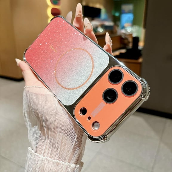 Dteck Bling Glitter Magnetic Case for iPhone 17 Pro Max,Shockproof TPU PC Gradient Color Case Compatible with Mag Safe Built-in Camera Lens Protector Cover,Orange