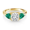 thumbnail image 2 of Gem Stone King 18K Yellow Gold Plated Silver White Moissanite and Green Nano Emerald 3 Stone Engagement Ring for Women (2.64 Cttw, Gemstone Birthstone, Available in Size 5, 6, 7, 8, 9), 2 of 3