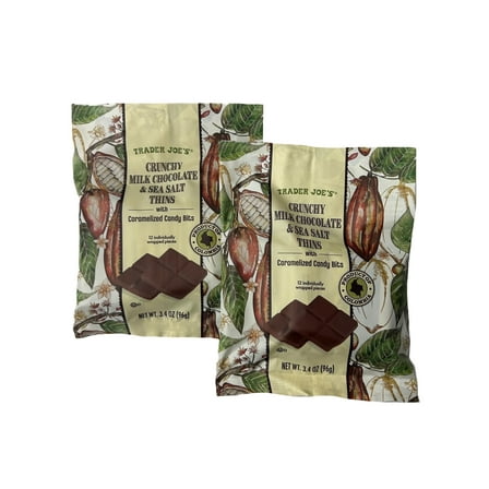 2 Pack Trader Joe’s Crunchy Milk Chocolate & Sea Salt Thins – 12 Individually Wrapped Pieces per Pack – Sweet & Salty Chocolate Snack