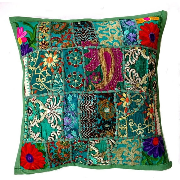 Rastogi Handicrafts Handmade Patchwork Cushion Pillow, Sari Patch Throw Pillow Indian Ethnic Pillow Covers Embroidered Sari Patchwork Cushion Cover (Dark Green)