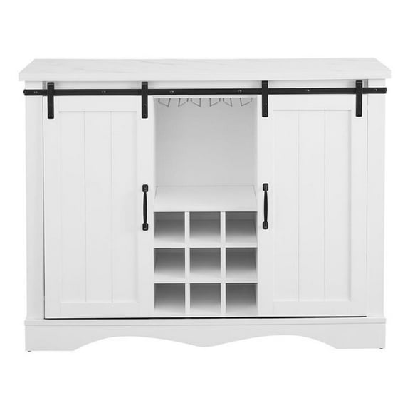 Pemberly Row White Buffet Bar Cabinet Barn Door w/ Marbling Pattern Countertop