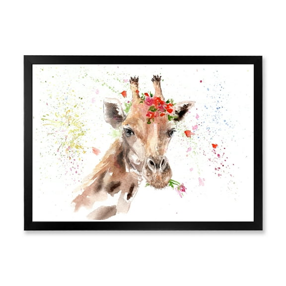 Designart 'Portrait of A Giraffe With Red Flowers II' Farmhouse Framed Art Print