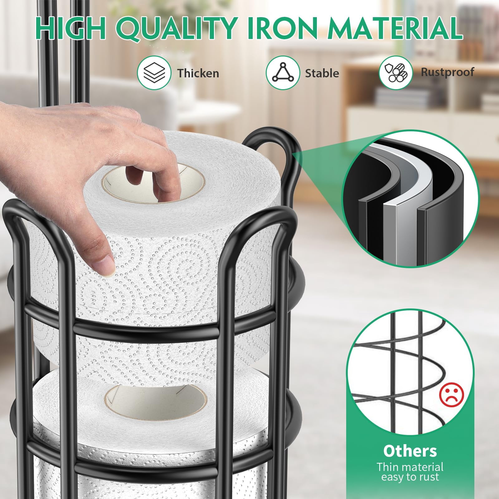 Toilet Paper Holder Toilet Paper Stand and Dispenser for 3 Spare Rolls Metal Wire Free-Standing Toilet Tissue Paper Roll Storage Shelf Bathroom Accessories Storage Organizer Black