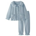 thumbnail image 3 of Jinhomg 2 Piece Warm Pajama Sets for Women Fall Winter Soft Comfy Fleece Sleepwear Casual Long Sleeve Button Down Tops and Pants Set Blue L, 3 of 10
