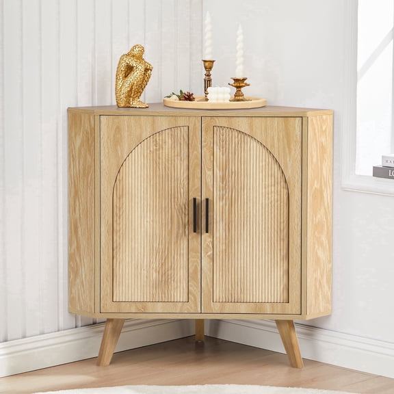 Fluted Corner Cabinet with 2 Doors & Adjustable Shelves, Space-Saving Floor Storage Cabinet for Bathroom, Kitchen, Living Room, Modern Freestanding Organizer (Oak)