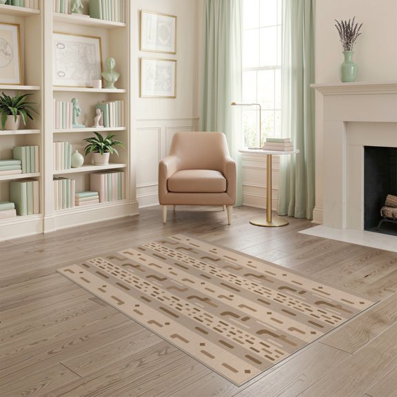 ODIKA 4'x6' Beige Brown Abstract Design Washable Area Rug Modern Geometric Stripes with Camel Accents Pet Friendly, Non-Shedding for Bedroom, Reading Nook