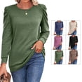 thumbnail image 4 of Top de manga larga con hombros plisados, cuello redondo, color puro, corte holgado, jersey informal para mujer para otoño invierno, verde M, 4 of 6