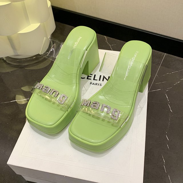 Summer New Sandals Transparent Shoes with Rhinestone Letter Thick High Heel Slippers for Women