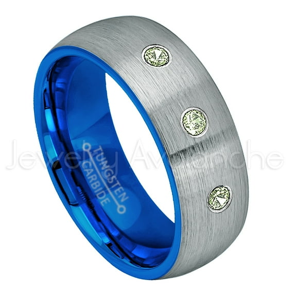 2-Tone Dome Blue IP Inner Tungsten Ring - 0.21ctw Peridot 3-stone Band - Personalized Tungsten Wedding Ring - Custom Made August Birthstone Ring TN736BS