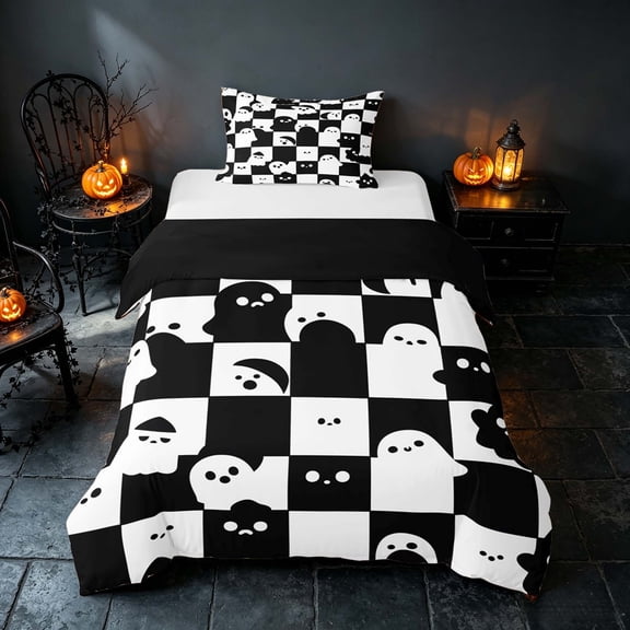 Homewish Halloween Ghost Twin Duvet Cover, Spooky Animal Checkered Twin Bedding, Black White, Black Reversible 2pcs, 1 Duvet Cover and 1 Pillowcase