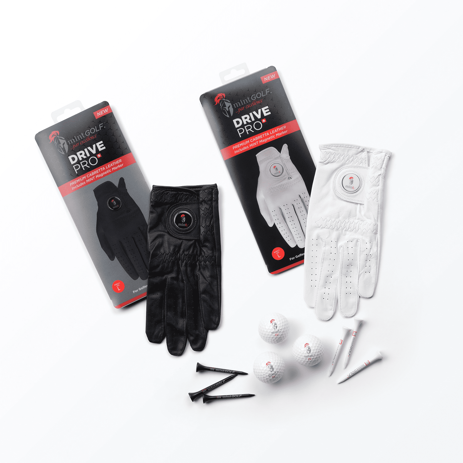 Mint Sport Men’s Golf Glove – Premium Cabretta Leather Golf Glove with Magnetic Ball Marker, Breathable All-Weather Performance Fit - MintGOLF Drive Pro Plus (Black, Large)