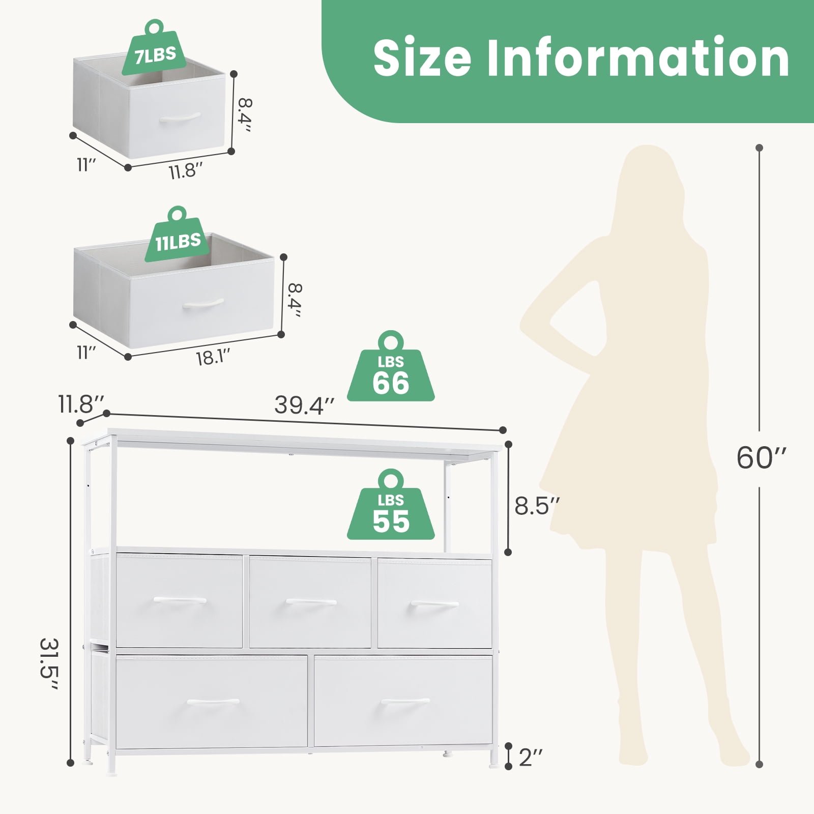 MAYEERTY TV Stand with Fabric Storage, Tower Storage Cabinet Dresser & Chest of 5 Drawers Organizer, White