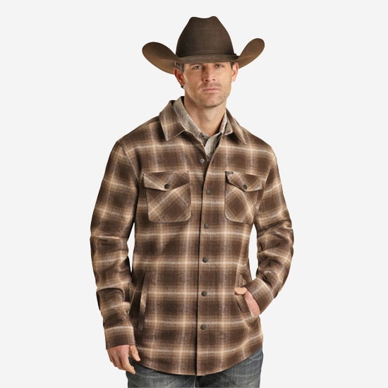 Rock & Roll Denim Men's And Plaid Print Snap Shacket Dark Brown X-Large  US