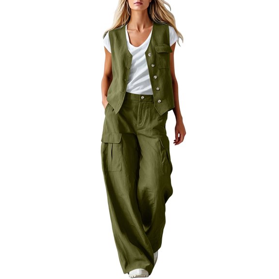 Iyufng Women's Solid Color Summer Outfits 2 Piece Button Down Vest Top and Casual Pants Set with Pockets