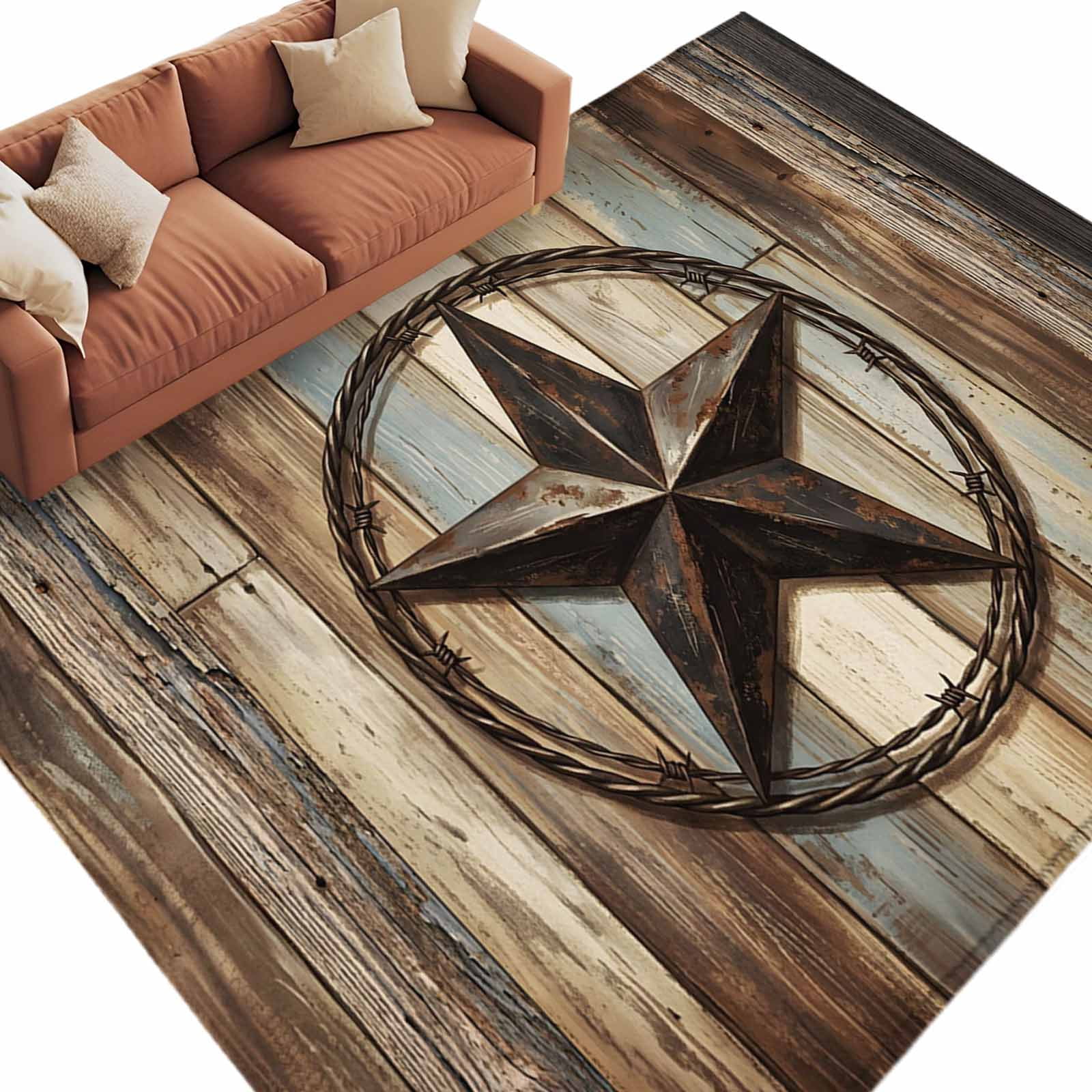 Rectangle Area Rugs 8 x 10 Ft, Western Texas Star Retro Non-Slip Residential Carpet, Rustic Farmhouse Wooden Brown Indoor Crawling Mats Runner Rugs for Living Room/Dining Room/Bedroom