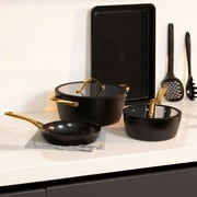 Thyme & Table 12-Piece Non-Stick Signature Ribbed Cookware Set, Non-Toxic Pots and Pans Set - Black & Gold