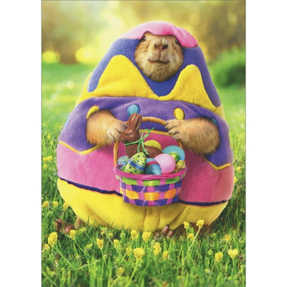 Avanti Press Prairie Dog in Pink, Purple and Yellow Easter Egg Costume Holding Basket Easter Card