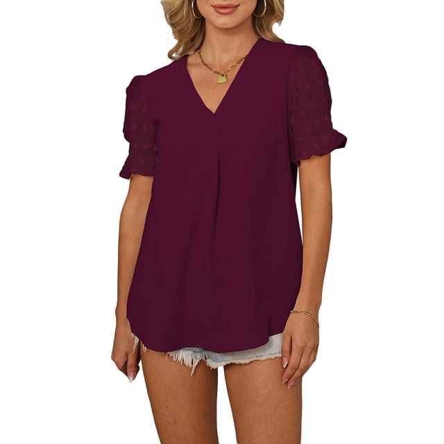 Sunloudy, camisas de gasa salvaje a la moda para mujer, blusas sueltas informales de verano de manga corta con lunares suizos de Color sólido Sunloudy S M L XL XXL