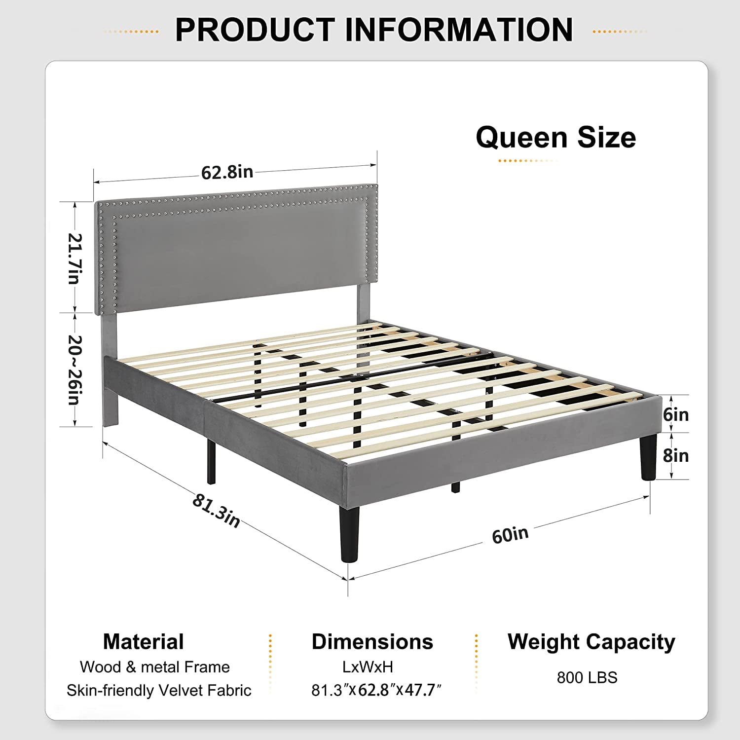VECELO Queen Bed Frame, Upholstered Queen Size Platform Bed Frame with Adjustable Headboard, Strong Wood Slat Support, No Box Spring Needed, Dark Gray