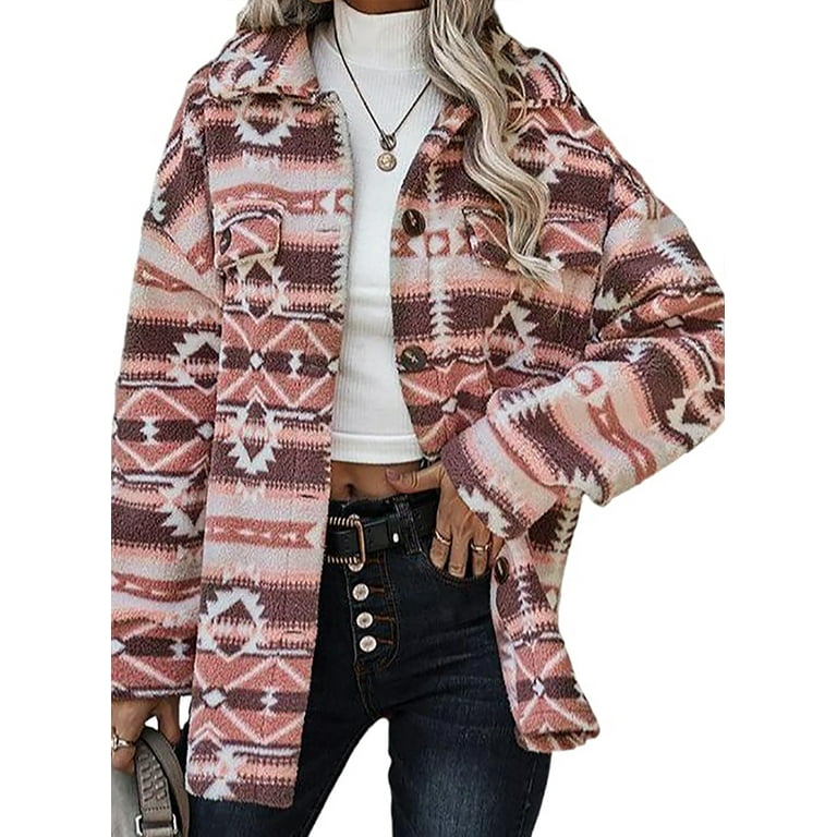 Womens Shacket Jacket Button Up Long Sleeve Shirt Aztec Print Western Ethnic Lightweight Casual Cardigan Tops