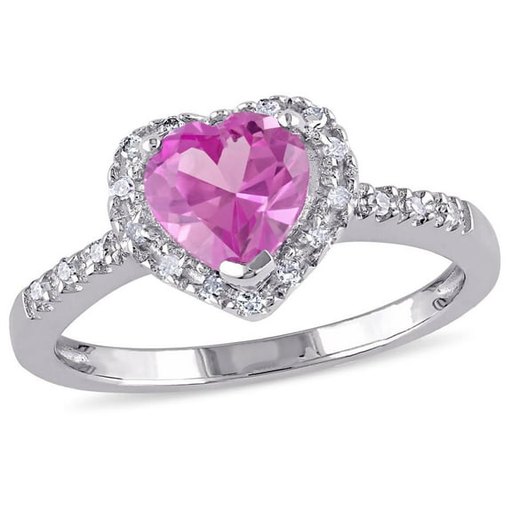 AMOUR 1/10 CT TW Diamond and Created Pink Sapphire Heart Halo Ring In Sterling Silver