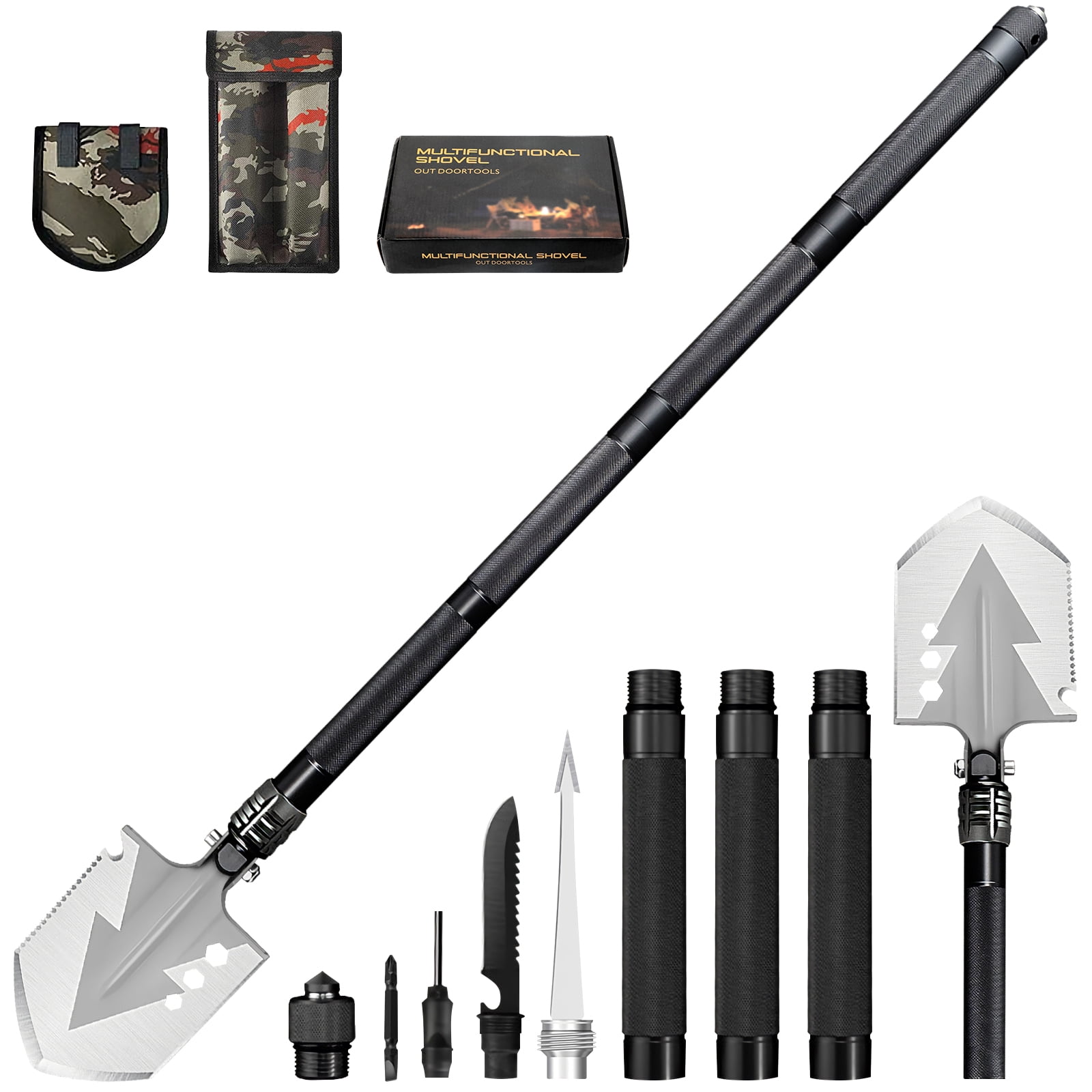 SAN LIKE Survival Shovel 16 in 1 Camping Shovels with 1737.4inch Extended Handle